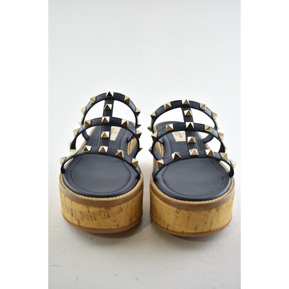 Valentino Rockstud Blue Cork Platform Mule Slide Sandal Block Heel Wedge 35.5 - Picture 4 of 9